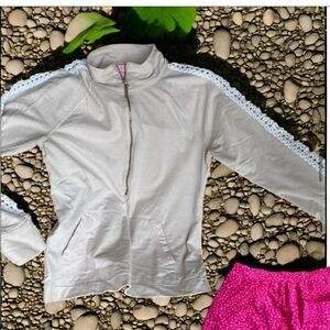 Beige Quarter-Zip Pullover with Lace Detail